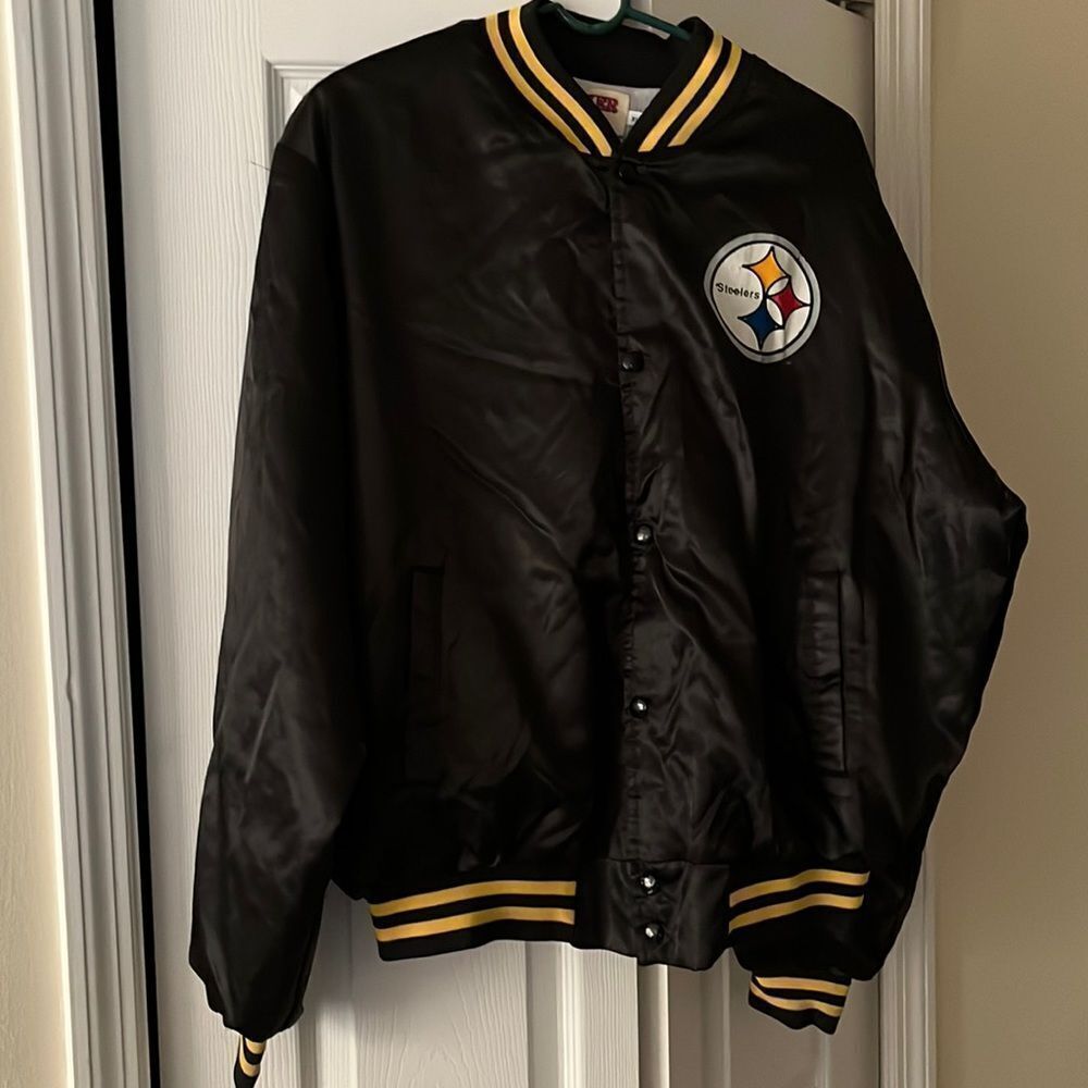 Vintage NFL Pittsburgh Steelers Locker Line Black Satin Bomber Snap Up Jacket- X